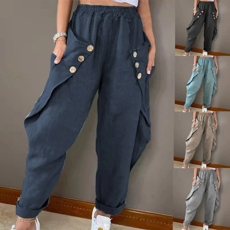 Damen Legere Leinenhose mit Knopfdetails und großen Taschen Nord Taschen
