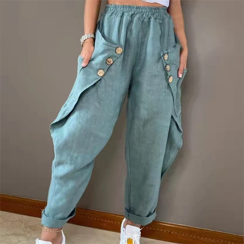 Damen Legere Leinenhose mit Knopfdetails und großen Taschen Nord Taschen