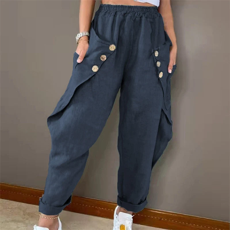 Damen Legere Leinenhose mit Knopfdetails und großen Taschen Nord Taschen