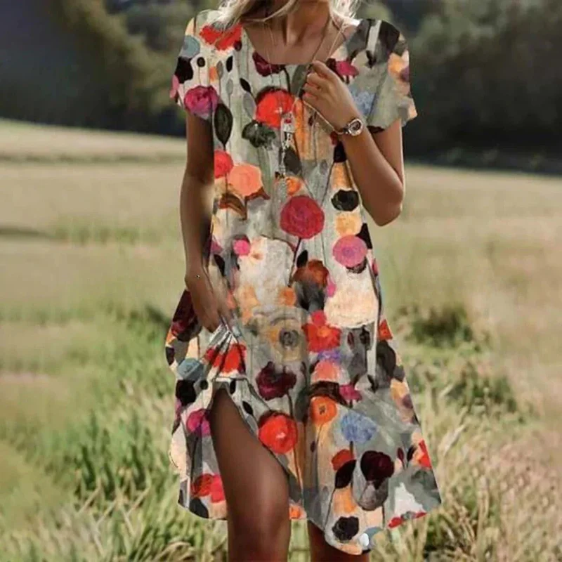 Damen lässiges Maxikleid mit floralem Muster und Beinschlitz