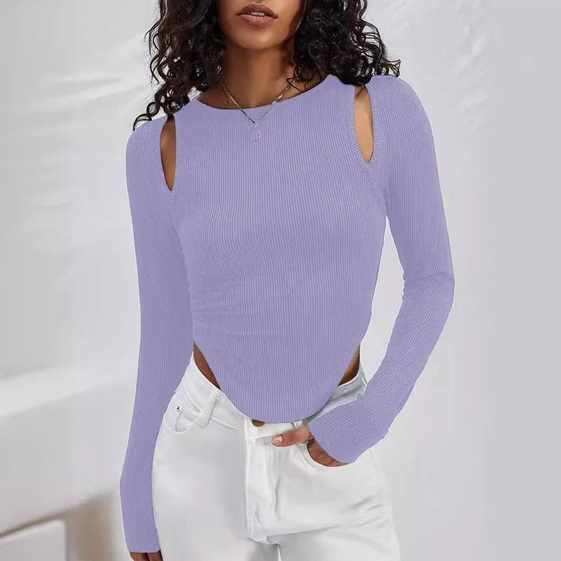 Damen Langarmshirt mit asymmetrischem Cut-Out und Rippstruktur