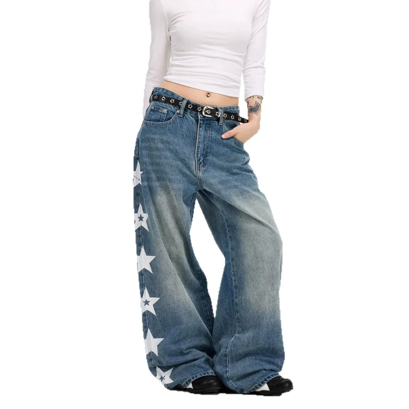 Damen Modische Weitgeschnittene Jeans mit Sternen-Design Nord Taschen