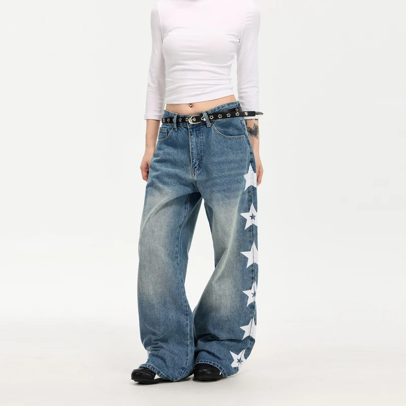 Damen Modische Weitgeschnittene Jeans mit Sternen-Design Nord Taschen