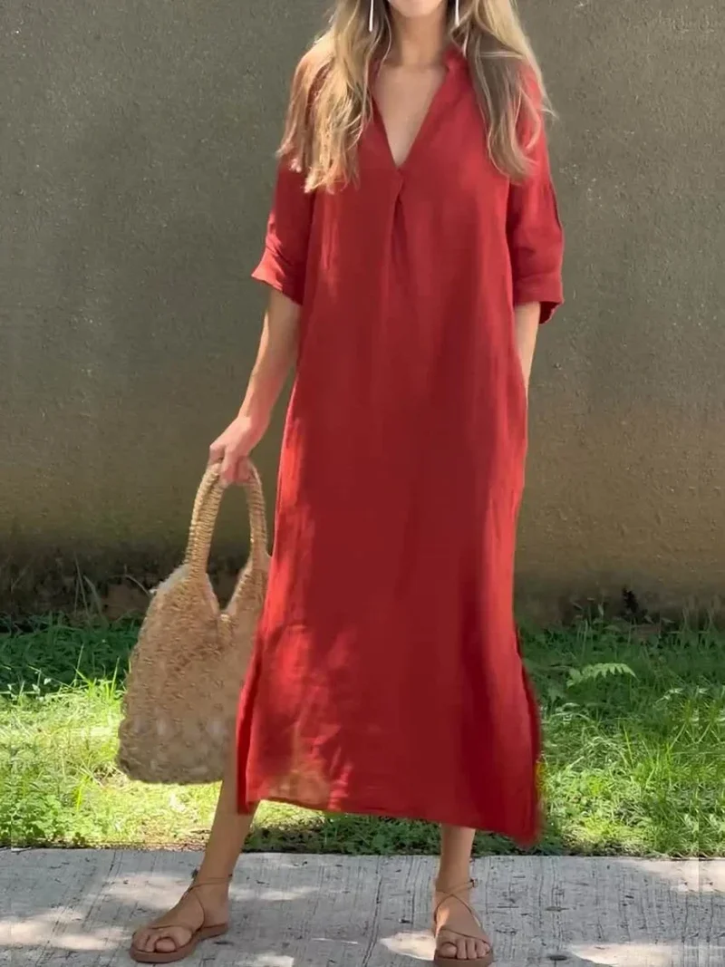 Einfarbiges Damen-kleid mit V-Ausschnitt, Tasche und V-Ausschnitt