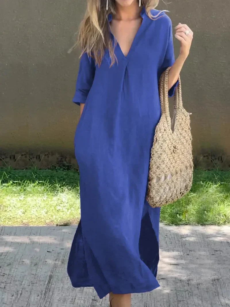 Einfarbiges Damen-kleid mit V-Ausschnitt, Tasche und V-Ausschnitt