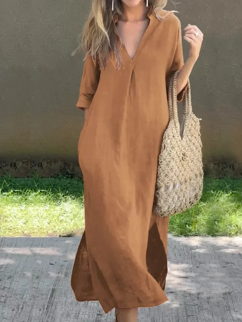 Einfarbiges Damen-kleid mit V-Ausschnitt, Tasche und V-Ausschnitt