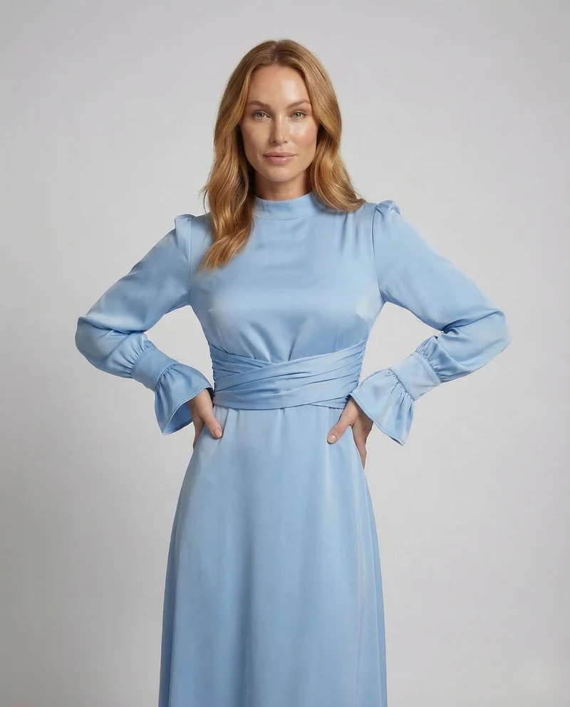 Damen Maxikleid Stehkragen Manschettenärmel