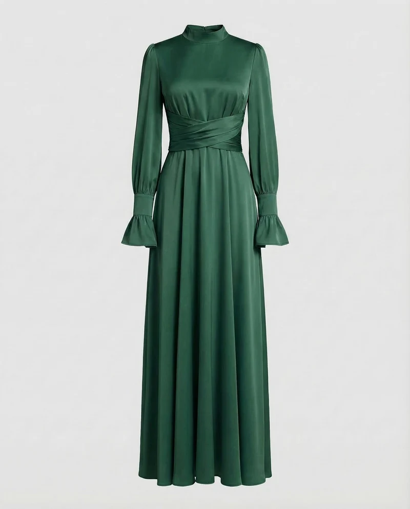 Damen Maxikleid Stehkragen Manschettenärmel