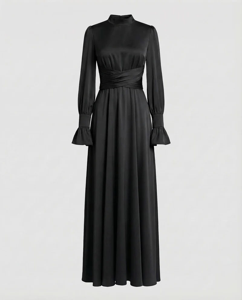 Damen Maxikleid Stehkragen Manschettenärmel