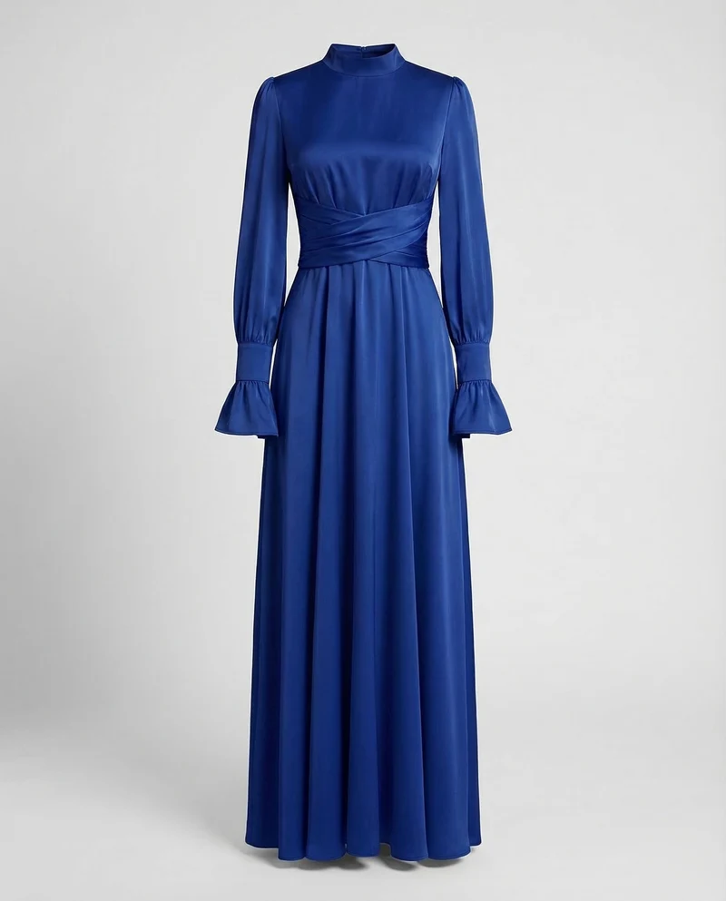 Damen Maxikleid Stehkragen Manschettenärmel