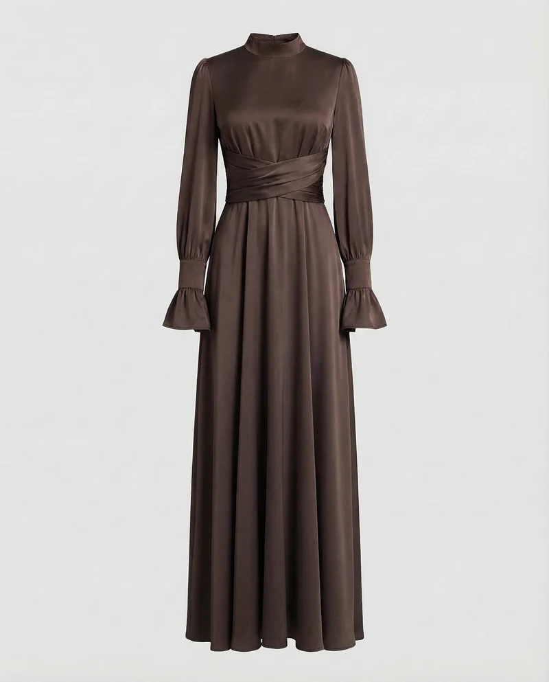 Damen Maxikleid Stehkragen Manschettenärmel