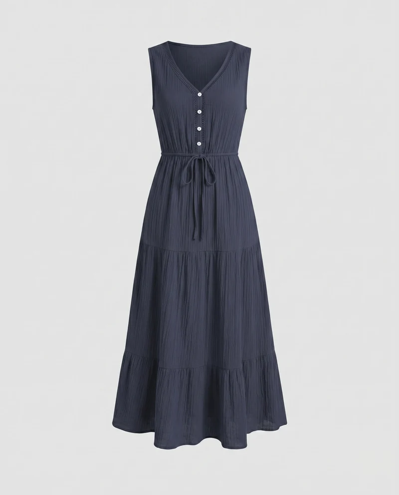 Damen Maxikleid mit Knopfleiste und Gürteldetail