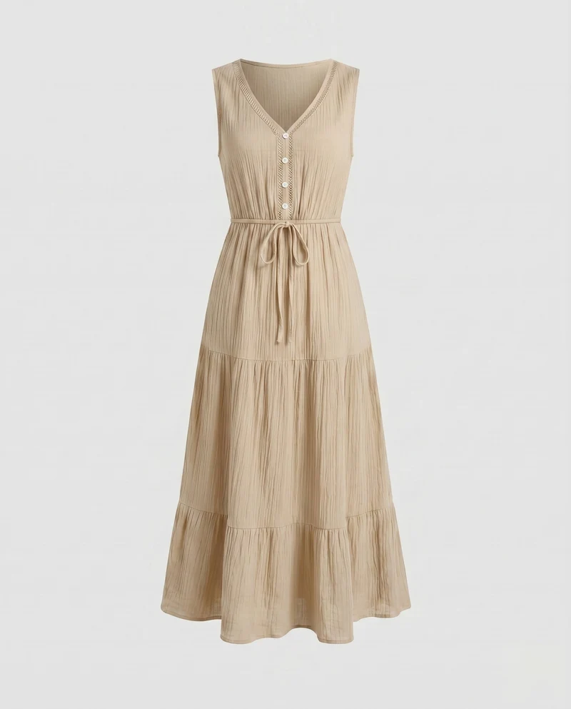 Damen Maxikleid mit Knopfleiste und Gürteldetail