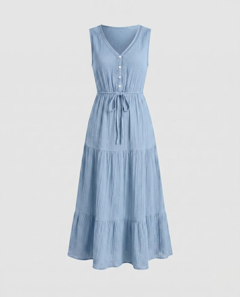 Damen Maxikleid mit Knopfleiste und Gürteldetail