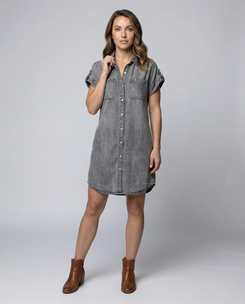 Damen lässiges Jeans-Hemdblusenkleid