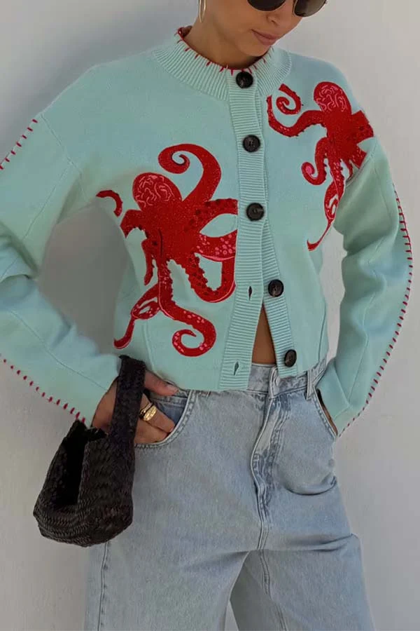 Strandstrick-Cardigan mit nautischem Oktopus-Design
