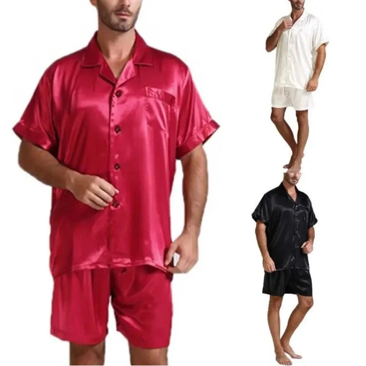 Damen Satin-Pyjama-Set mit kurzer Hose und elegantem Kragen Nord Taschen