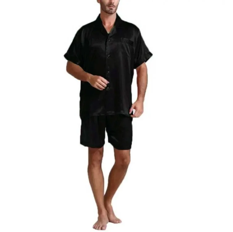 Damen Satin-Pyjama-Set mit kurzer Hose und elegantem Kragen Nord Taschen