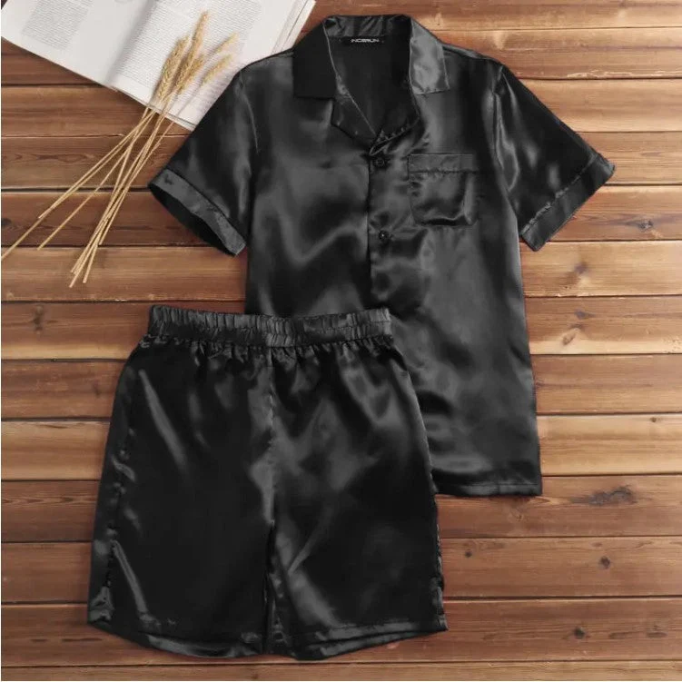 Damen Satin-Pyjama-Set mit kurzer Hose und elegantem Kragen Nord Taschen