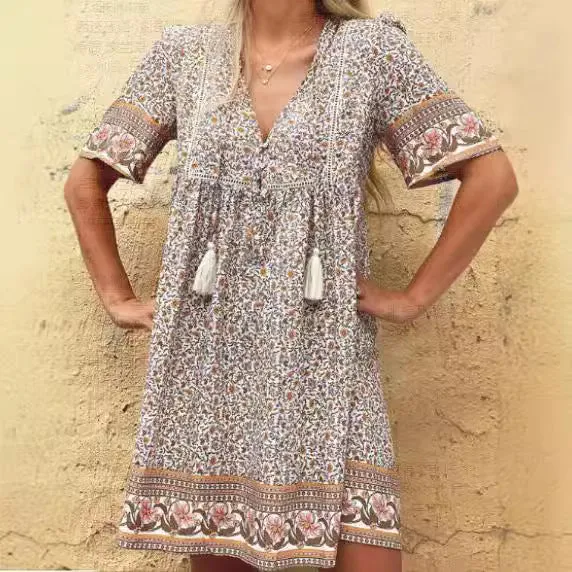 Damen Lässiges Boho-Kleid mit verspielten Quasten und floralen Mustern