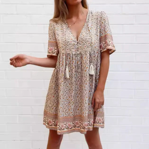 Damen Lässiges Boho-Kleid mit verspielten Quasten und floralen Mustern