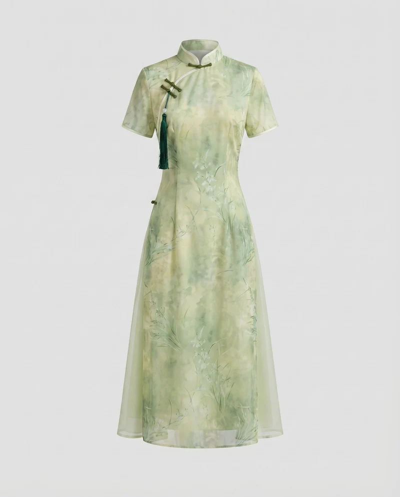Damen Chiffon-Cheongsam Stehkragen Stickerei Elegant