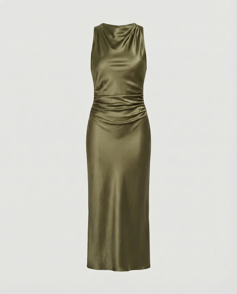 Damen nan Maxikleid in Satinoptik mit Wasserfallkragen, schmaler A-Linie und dezenter Taillendrapierung - Arvani