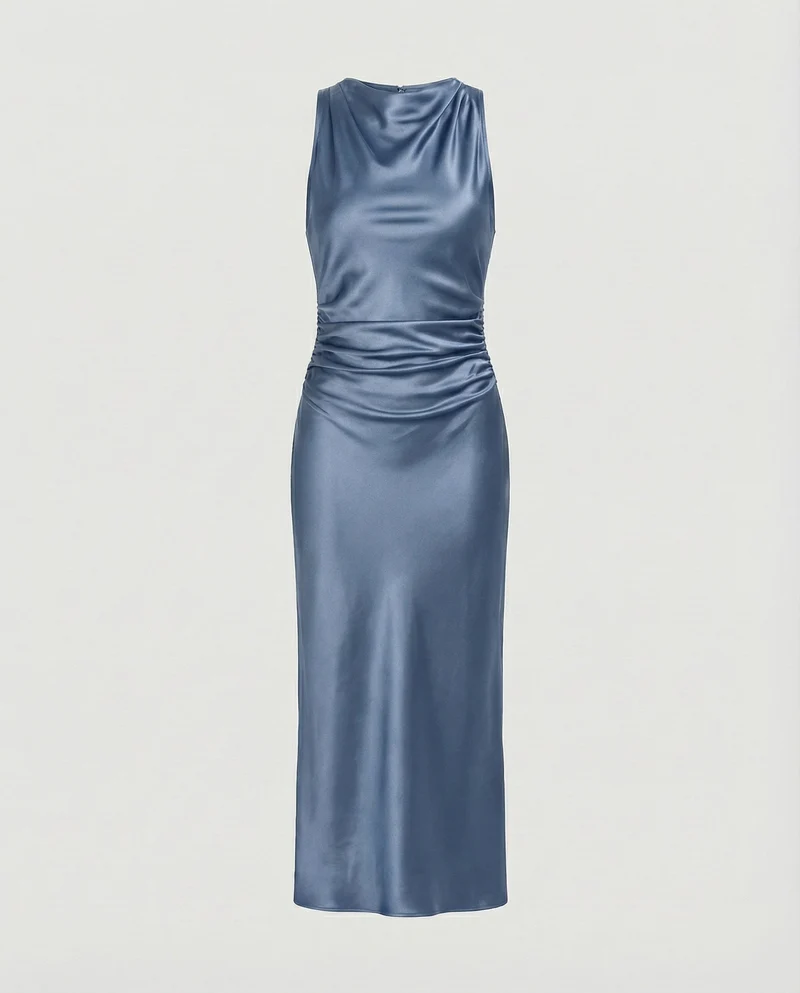 Damen nan Maxikleid in Satinoptik mit Wasserfallkragen, schmaler A-Linie und dezenter Taillendrapierung - Arvani