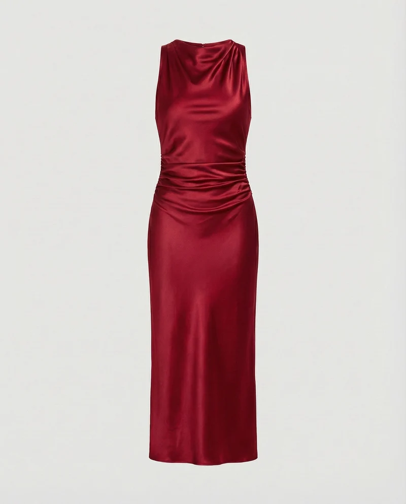 Damen nan Maxikleid in Satinoptik mit Wasserfallkragen, schmaler A-Linie und dezenter Taillendrapierung - Arvani