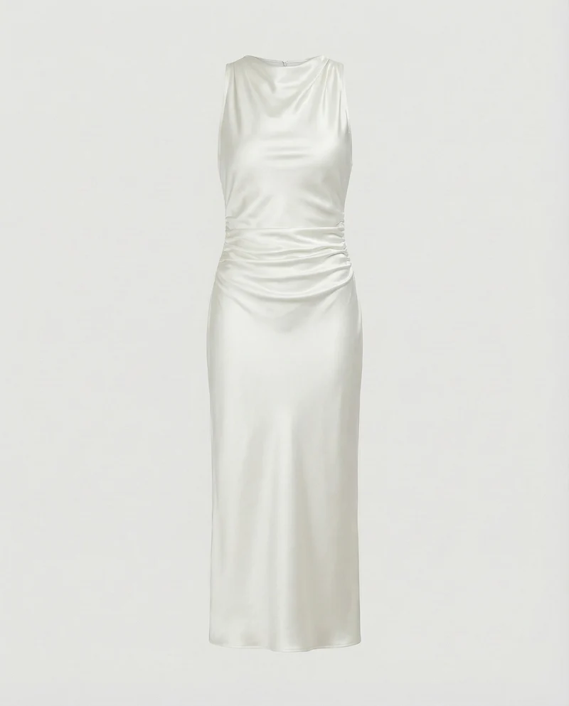 Damen nan Maxikleid in Satinoptik mit Wasserfallkragen, schmaler A-Linie und dezenter Taillendrapierung - Arvani