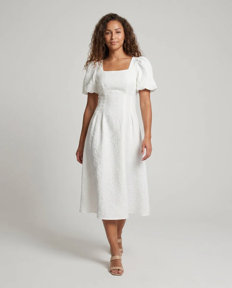 Damen Midikleid mit schickem Quadrat-Ausschnitt und voluminösen Puffärmeln