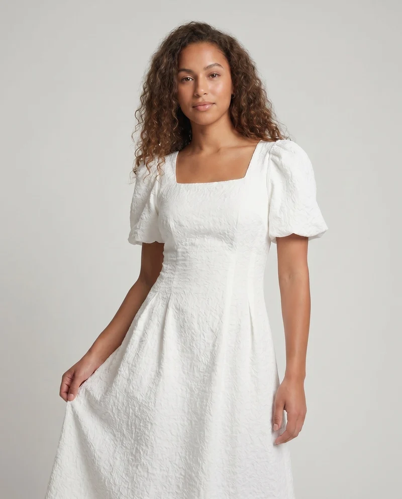 Damen Midikleid mit schickem Quadrat-Ausschnitt und voluminösen Puffärmeln