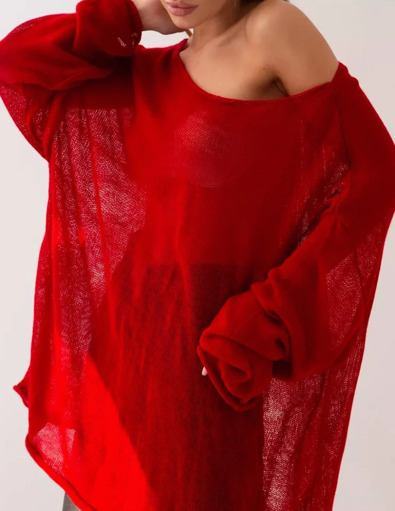 Damen luftige Strickbluse mit offenen Schultern und weiten Ärmeln