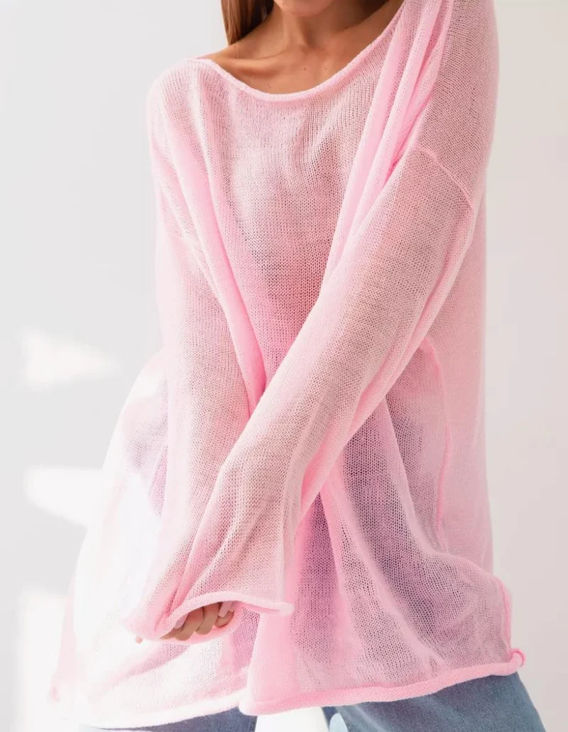 Damen luftige Strickbluse mit offenen Schultern und weiten Ärmeln