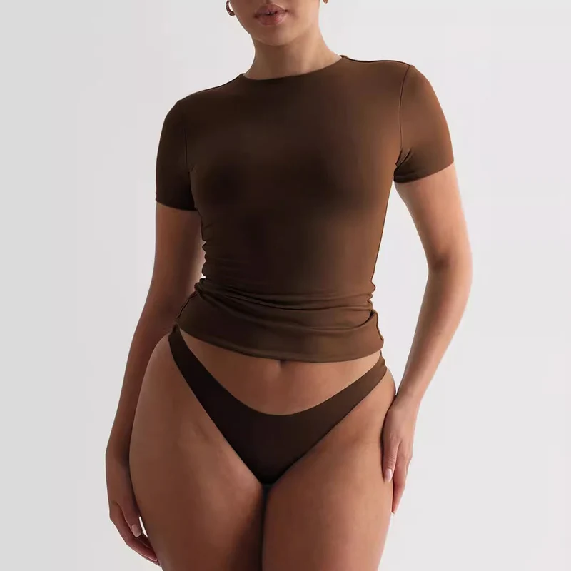 Damen figurbetontes T-Shirt mit Rundhalsausschnitt und kurzem Arm