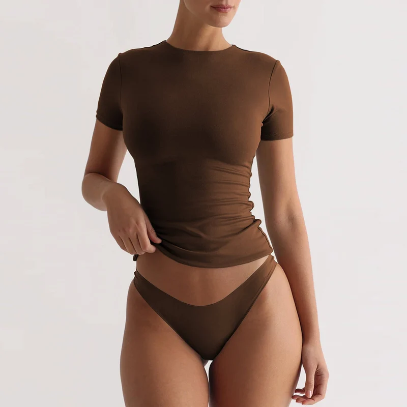 Damen figurbetontes T-Shirt mit Rundhalsausschnitt und kurzem Arm