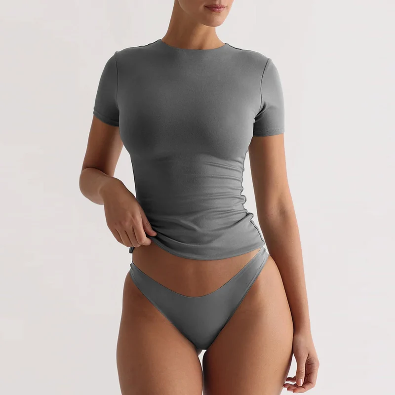 Damen figurbetontes T-Shirt mit Rundhalsausschnitt und kurzem Arm