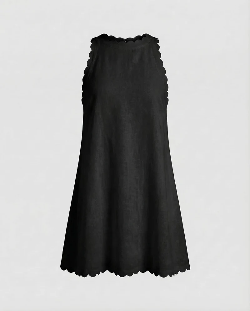 Damen Leinen-Minikleid Gewellte Saumkante