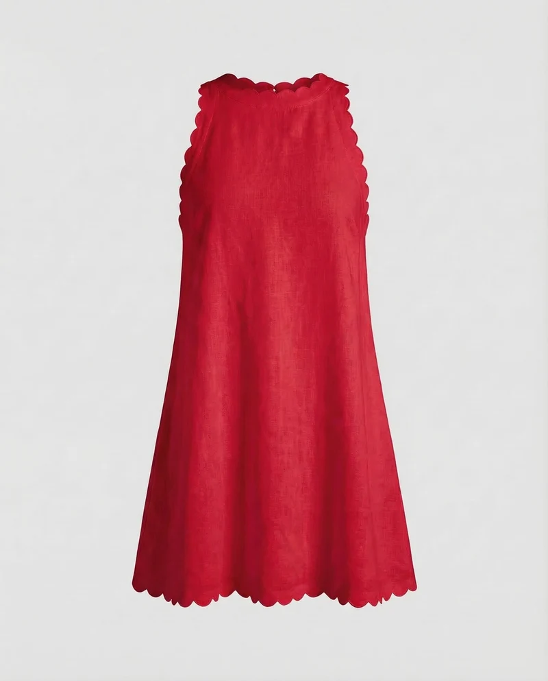 Damen Leinen-Minikleid Gewellte Saumkante