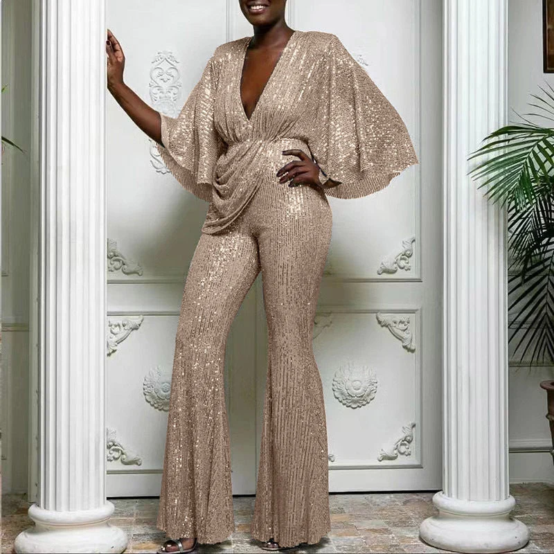 Damen Glamouröser Jumpsuit mit funkelnden Pailletten und weitem Bein