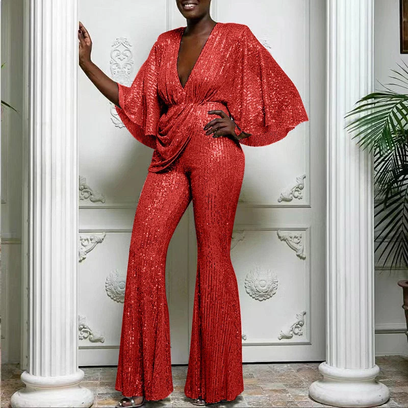 Damen Glamouröser Jumpsuit mit funkelnden Pailletten und weitem Bein