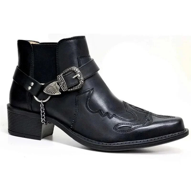 Herren Westernstiefeletten mit Schnalle und Kette – Schwarz, Braun, Cognac