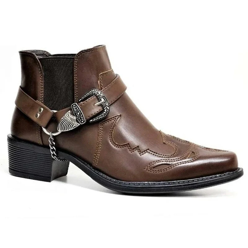 Herren Westernstiefeletten mit Schnalle und Kette – Schwarz, Braun, Cognac