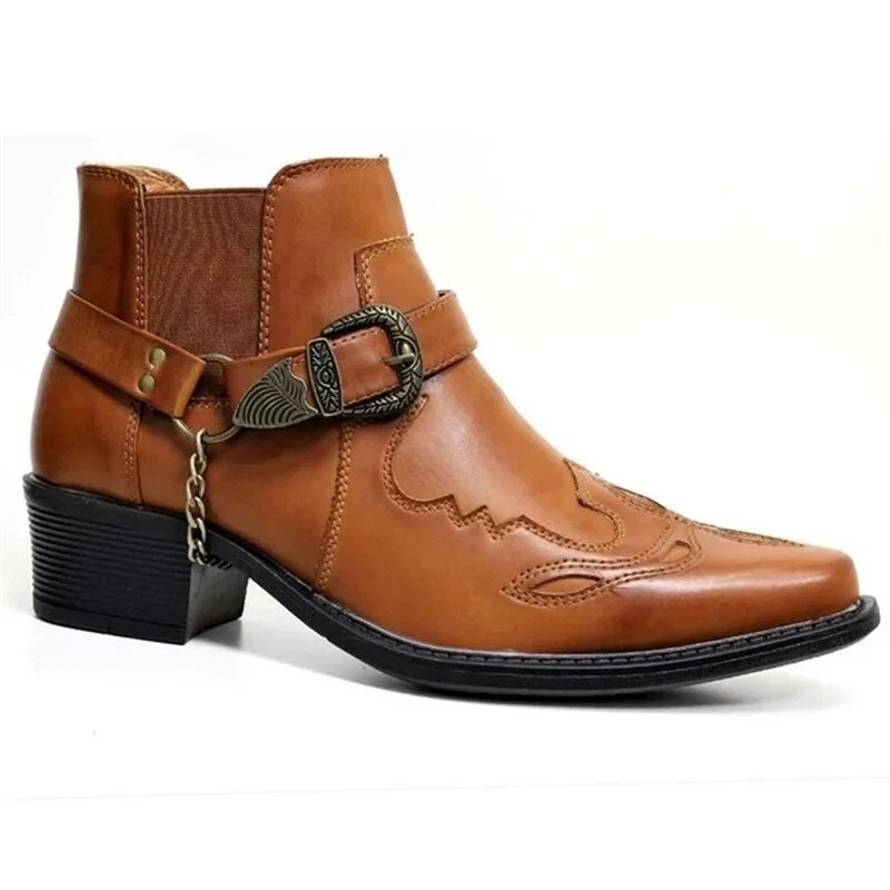 Herren Westernstiefeletten mit Schnalle und Kette – Schwarz, Braun, Cognac