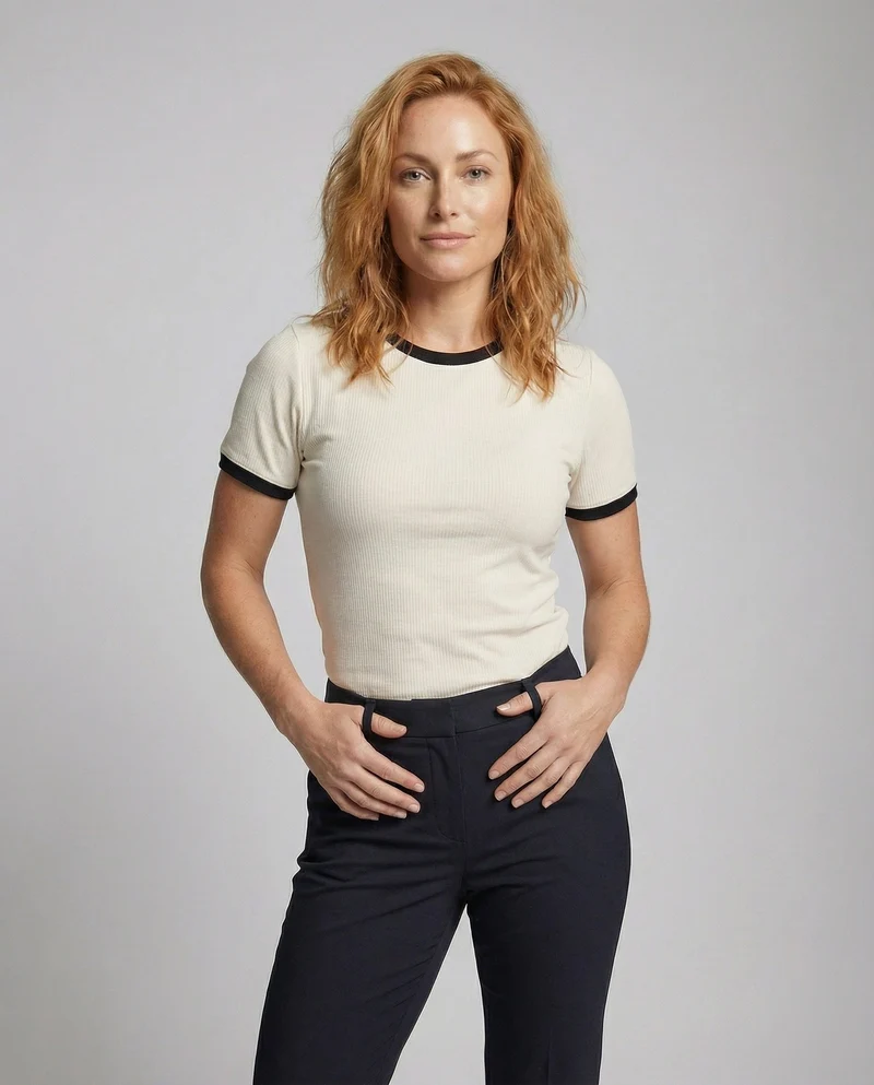 Damen Ripp Kurzarmshirt mit Kontrastbündchen