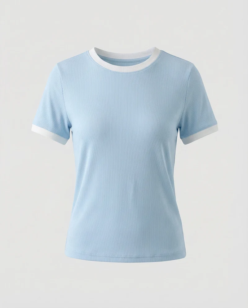 Damen Ripp Kurzarmshirt mit Kontrastbündchen