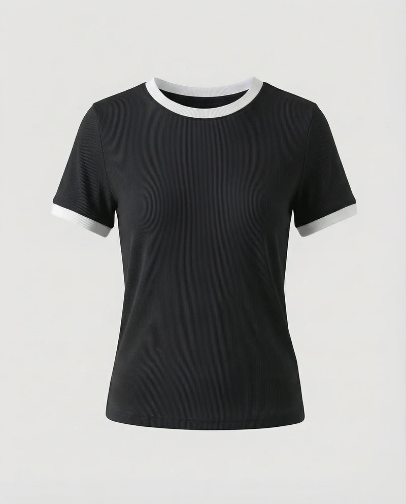 Damen Ripp Kurzarmshirt mit Kontrastbündchen
