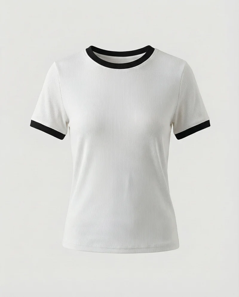 Damen Ripp Kurzarmshirt mit Kontrastbündchen