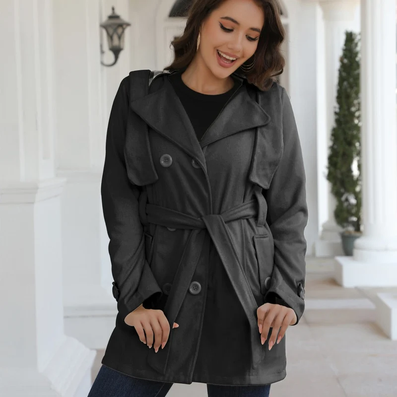Damen eleganter Trenchcoat mit Gürtel und doppelt geknöpften Details Nord Taschen
