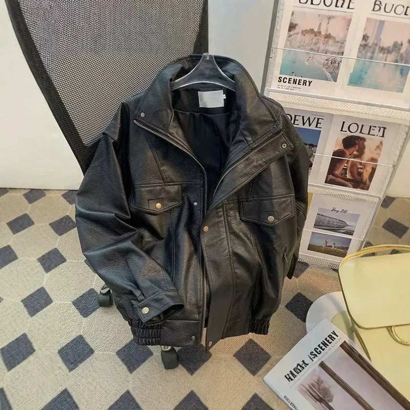 Damen Modische Kunstlederjacke mit hohem Kragen Nord Taschen